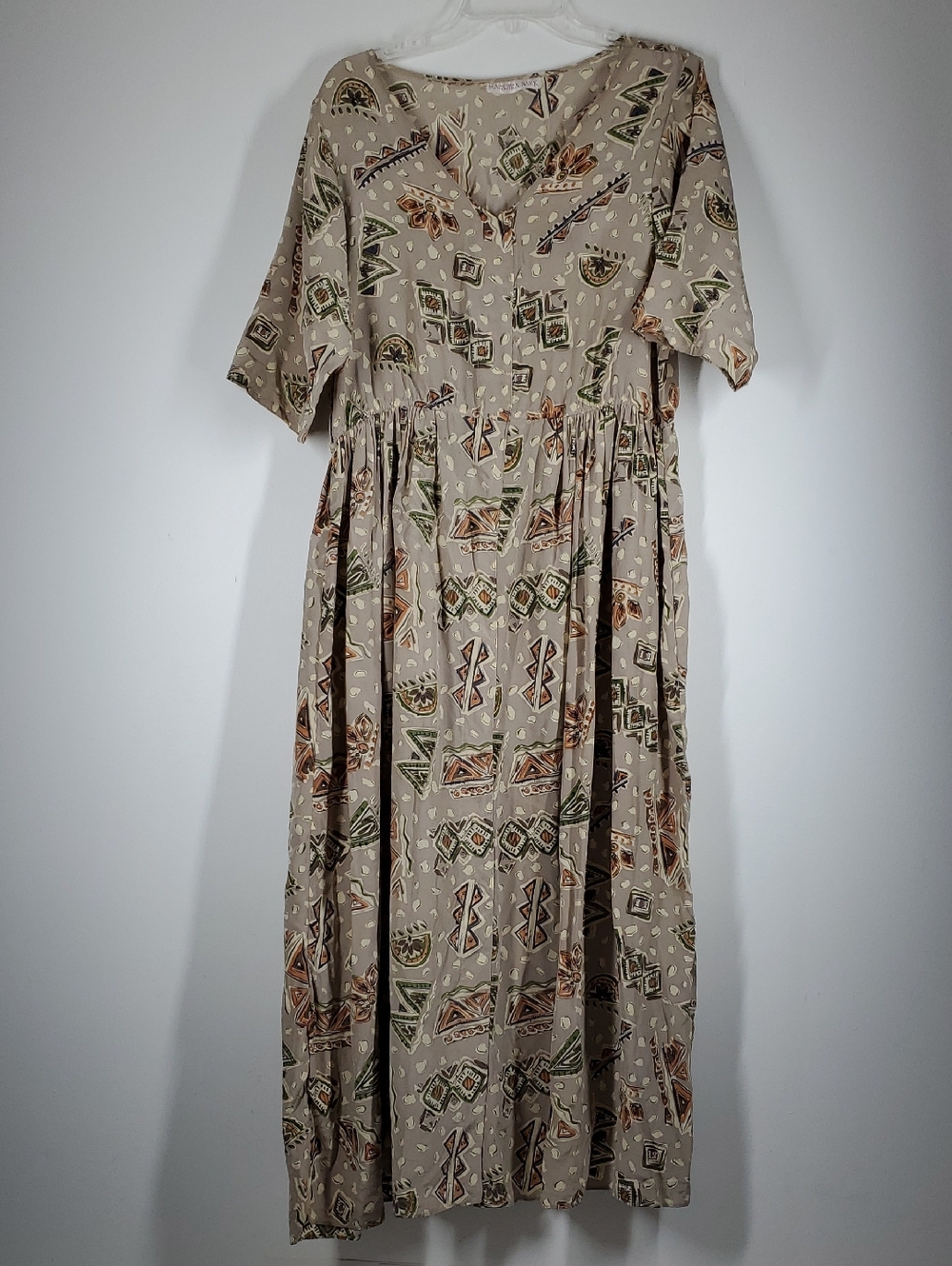 Vintage Marrika Nakk Silk Boho Prairie Midi Dress Western Santa Fe Print Women